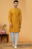 Thread Work Embroidered Art Silk Mustard Yellow Men Sherwani
