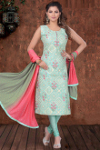 Thread Work Embroidered Chanderi Powder Blue Churidar Suit