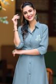 Thread Work Embroidered Chinnon Bluish Grey Kurti