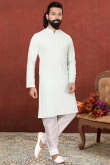 Thread Work Embroidered Cotton Light Grey Men Kurta Churidar