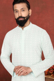 Thread Work Embroidered Cotton Light Grey Men Kurta Churidar