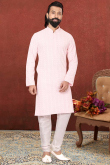 Thread Work Embroidered Cotton Light Pink Men Kurta Churidar
