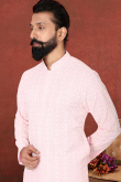 Thread Work Embroidered Cotton Light Pink Men Kurta Churidar