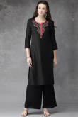 Thread Work Embroidered Cotton Rayon Black Trouser Suit