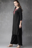 Thread Work Embroidered Cotton Rayon Black Trouser Suit