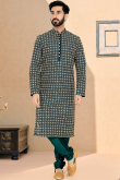 Thread Work Embroidered Cotton Silk Teal Green Men Kurta Churidar 