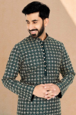 Thread Work Embroidered Cotton Silk Teal Green Men Kurta Churidar 