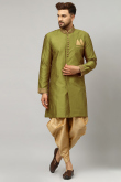 Thread Work Embroidered Dupion Silk Olive Green Men Kurta