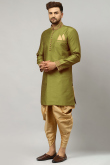 Thread Work Embroidered Dupion Silk Olive Green Men Kurta