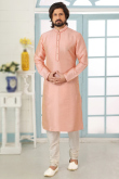 Thread Work Embroidered Dupion Silk Salmon Peach Men Kurta