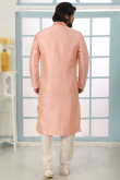 Thread Work Embroidered Dupion Silk Salmon Peach Men Kurta