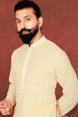 Thread Work Embroidered Georgette Cream Men Kurta Churidar