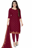 Thread Work Embroidered Georgette Deep Red Churidar Suit