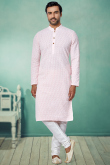 Thread Work Embroidered Georgette Pale Pink Men Kurta Pajama