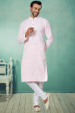 Thread Work Embroidered Georgette Pale Pink Men Kurta Pajama