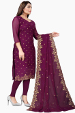 Resham Embroidered Georgette Wine Maroon Churidar Suit for Wedding & Party