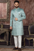 Thread Work Embroidered Jacquard Mint Blue Men's Sherwani