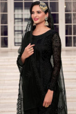 Thread Work Embroidered Net Black Trouser Suit