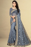 Thread Embroidered Net Bluish Grey Saree