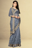 Thread Embroidered Net Bluish Grey Saree