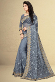 Thread Embroidered Net Bluish Grey Saree