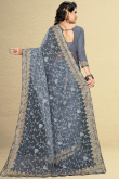 Thread Embroidered Net Bluish Grey Saree