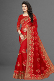 Thread Embroidered Net Cherry Red Saree