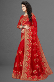 Thread Embroidered Net Cherry Red Saree