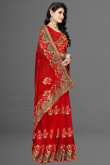 Thread Embroidered Net Cherry Red Saree