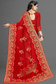 Thread Embroidered Net Cherry Red Saree