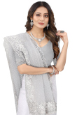 Thread Work Embroidered Net Light Grey Saree