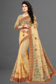 Thread Embroidered Net Light Yellow Saree