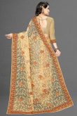 Thread Embroidered Net Light Yellow Saree