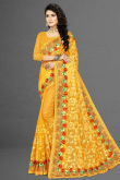 Thread Embroidered Net Mustard Yellow Saree