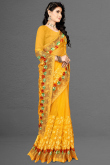 Thread Embroidered Net Mustard Yellow Saree
