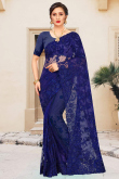 Thread Work Embroidered Net Navy Blue Saree