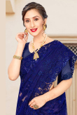 Thread Work Embroidered Net Navy Blue Saree