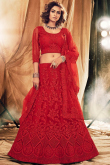Red Resham Work Embroidered Net Lehenga