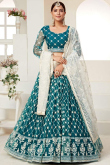 Thread Work Embroidered Net Teal Blue Indian Wedding Wear Lehenga