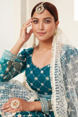 Thread Work Embroidered Net Teal Blue Indian Wedding Wear Lehenga