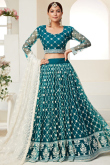 Thread Work Embroidered Net Teal Blue Indian Wedding Wear Lehenga