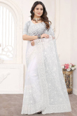 White Net Saree for Party Wear with Thread embroidery