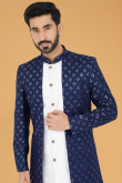 Thread Work Embroidered Silk Navy Blue Men Sherwani