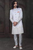 Thread Work Embroidered Silk Off White Men's Sherwani
