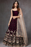 Thread Work Embroidered Silk Velvet Wine Maroon Lehenga