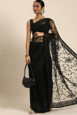 Thread Embroidered Net Saree In Black 