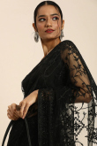 Thread Embroidered Net Saree In Black 