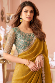 Tissue Trombone Yellow Saree with Sequins Work Diwali Haldi Outfit