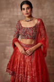 Tomato Red Embroidered Organza Flared Style Lehenga 