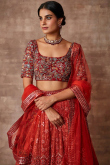 Tomato Red Embroidered Soft Silk Flared Style Lehenga 